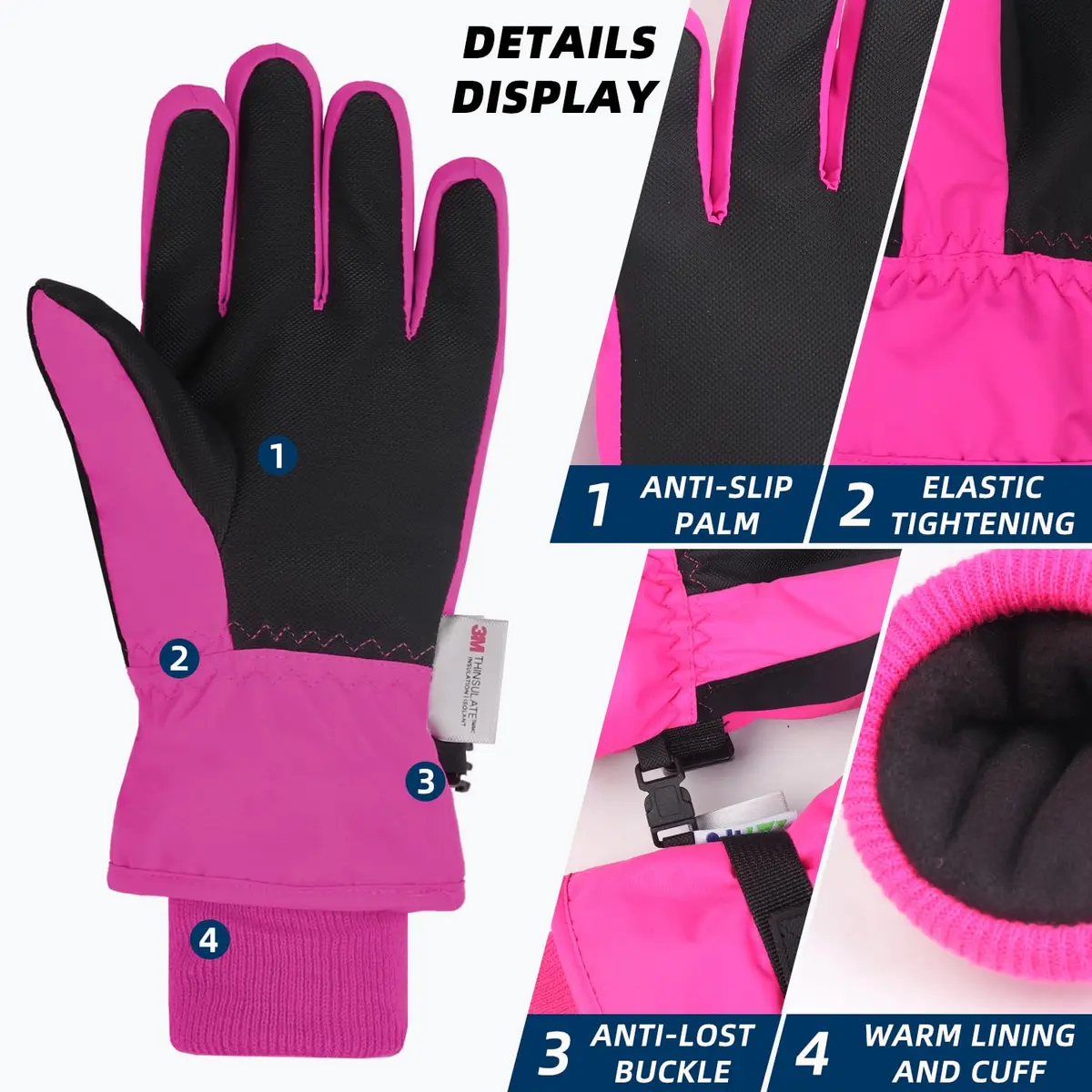 AMYIPO Kids Winter Snow Ski Gloves B - Rose | Water Resistant & Windproof (6-8 Years) - view 2