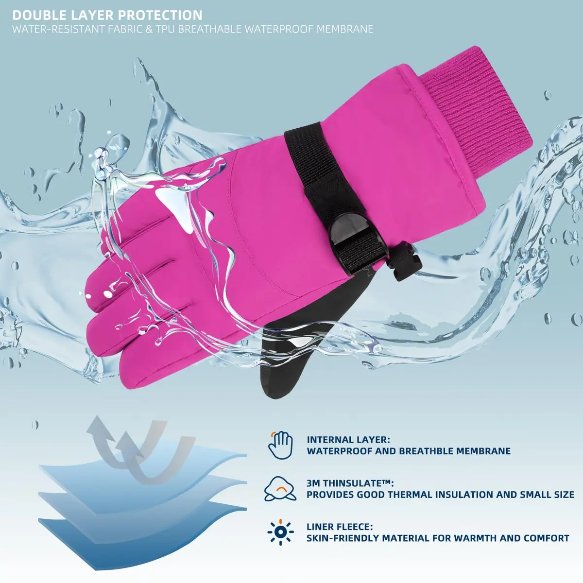 AMYIPO Kids Winter Snow Ski Gloves B - Rose | Water Resistant & Windproof (6-8 Years) - view 4