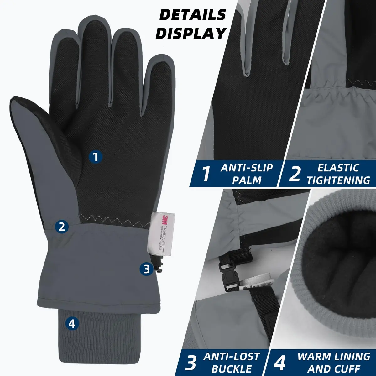 AMYIPO Kids Winter Snow Ski Gloves for Boys Girls, 3-4 Years (Gray) | Water-Resistant & Windproof - view 2