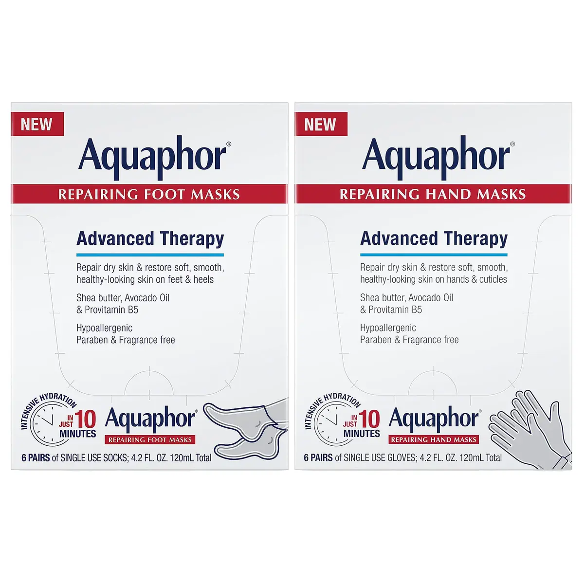 Aquaphor Repairing Foot and Hand Masks | Deep Hydration for Dry Skin, 6 Masks Each x 0.7 FL OZ - main product image