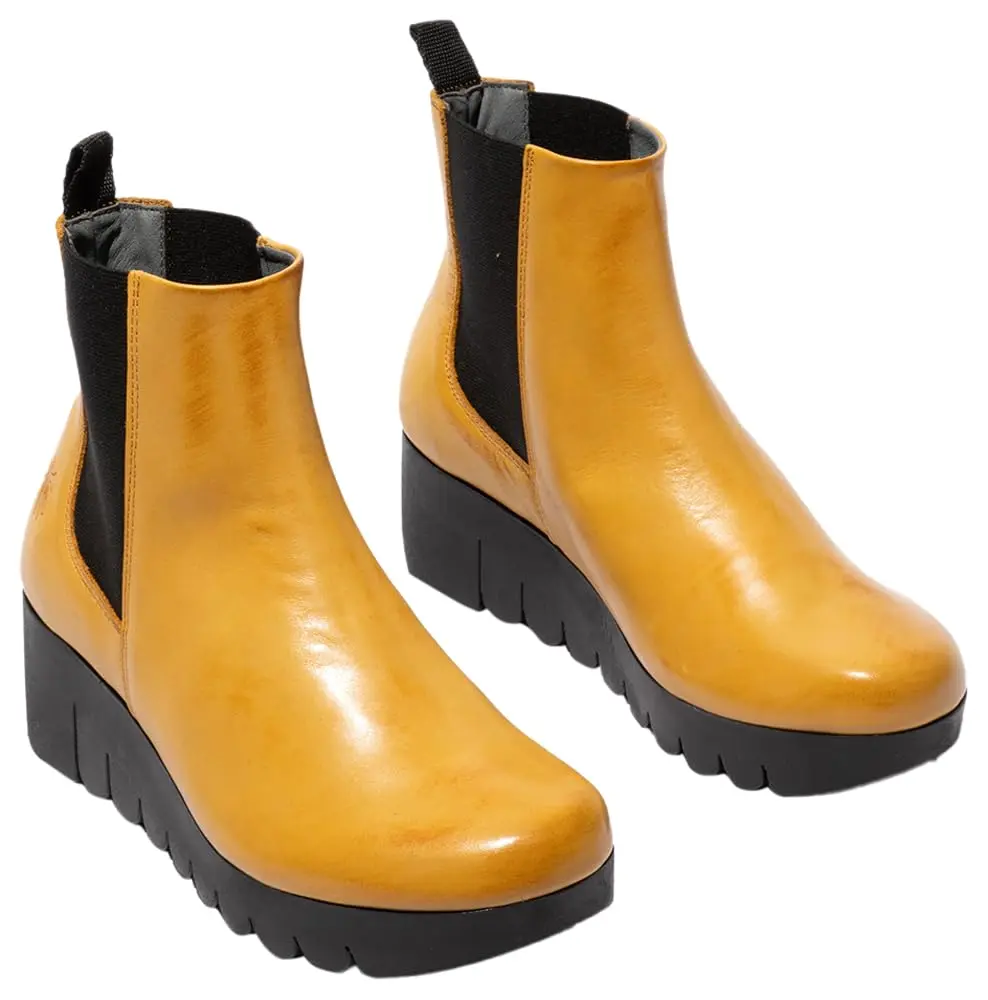 FLY London VAZE177FLY Burn Leather Mustard Boots 7-7.5 US | 6cm Wedge Heel, Ankle Boot, Casual - view 2