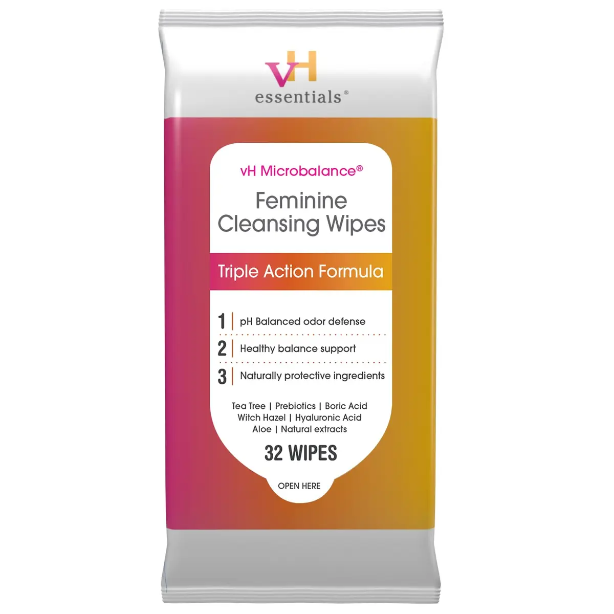 vH Essentials Feminine Cleansing Wipes, pH Balanced, 32 Wipes | Odor-Blocking, Soothing Aloe & Tea Tree - main product image
