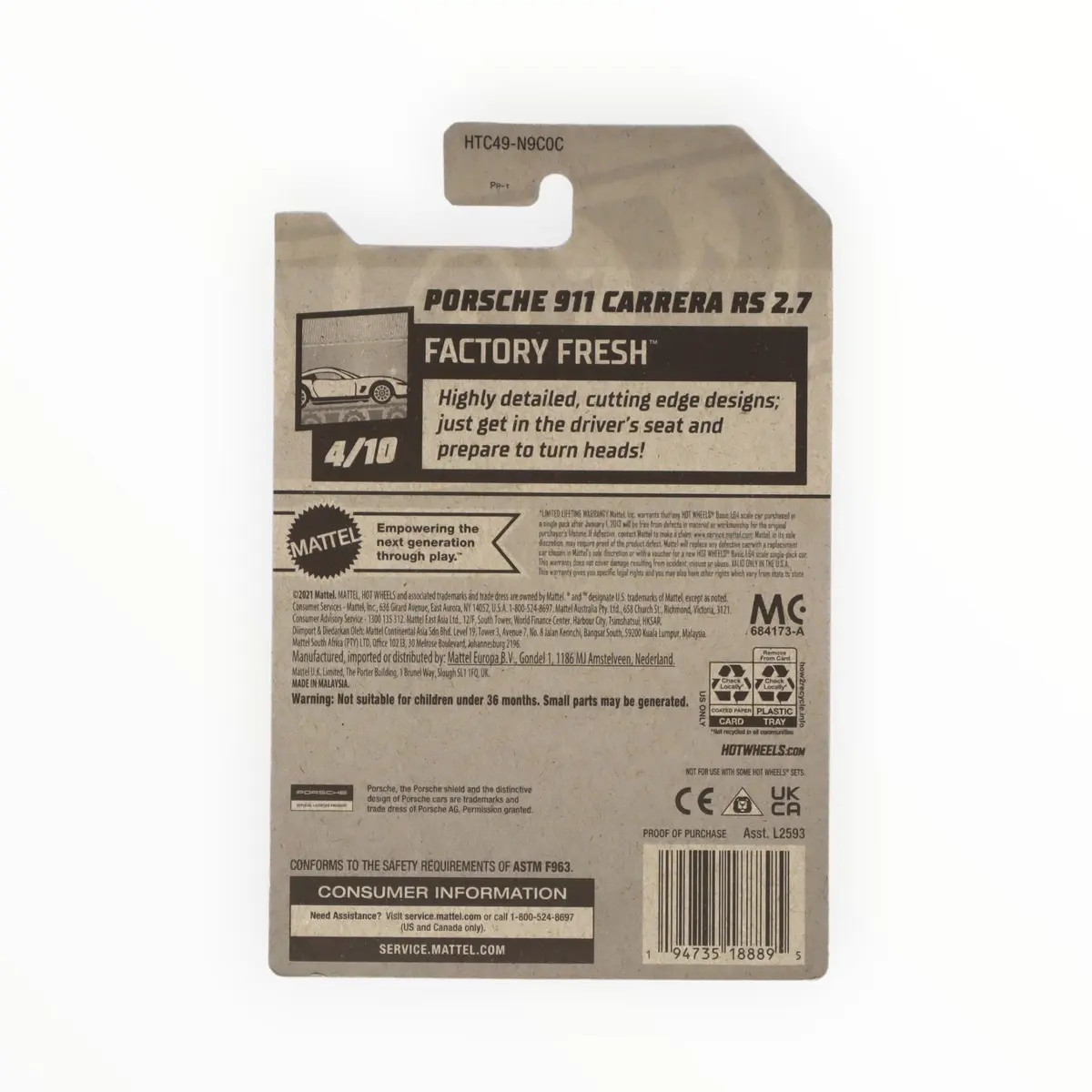 Mattel Hot Wheels Porsche 911 Carrera RS 2.7 Factory Fresh Die-Cast Toy Car | 1:64 Scale - view 2
