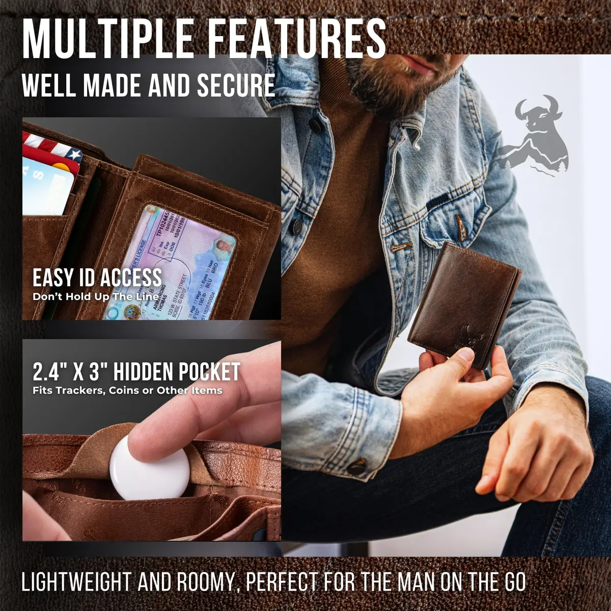 BULL GUARD Freedom Leather RFID Trifold Wallet for Men | Durable Top Grain Leather with Smart Tracker Pocket - view 5