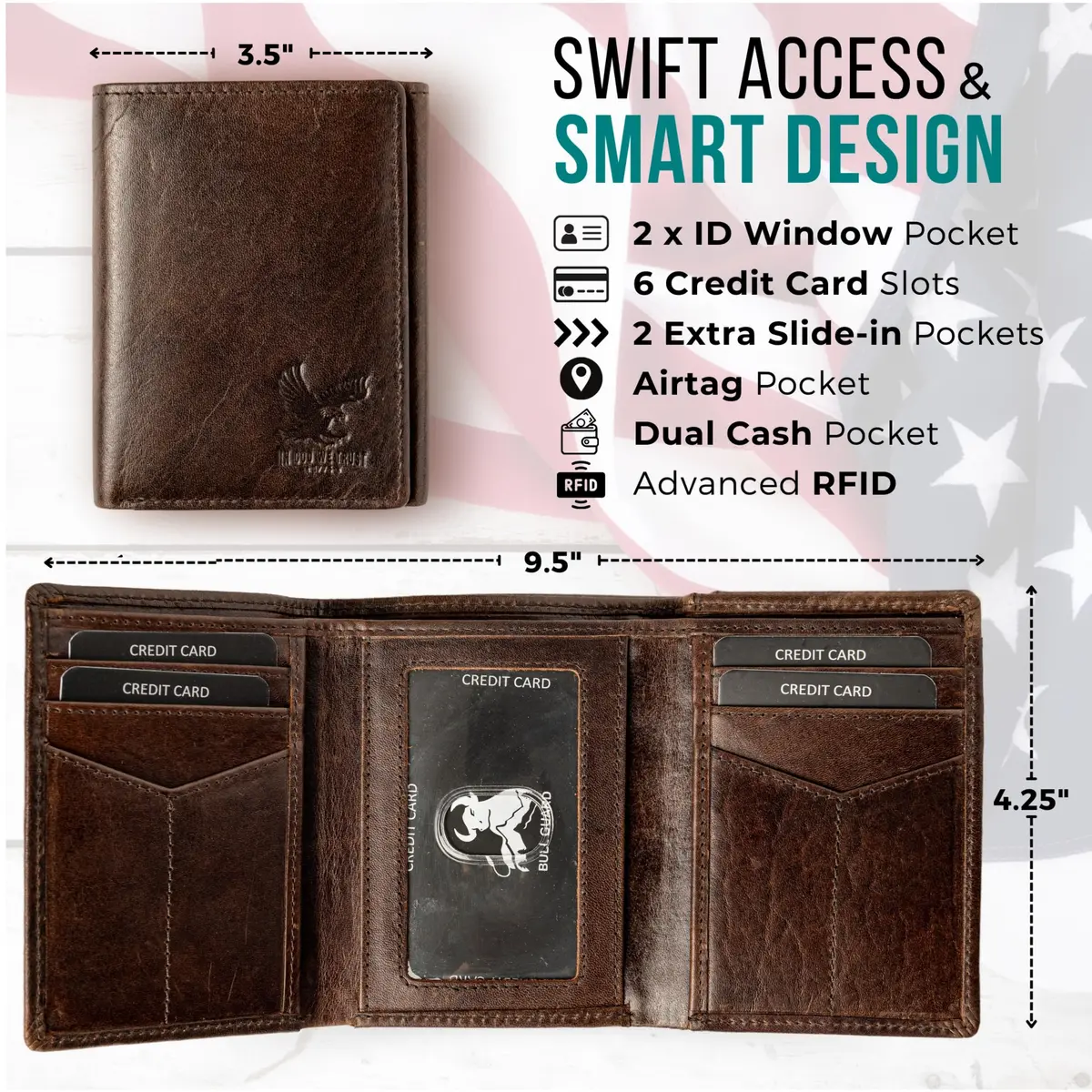 BULL GUARD Freedom Leather RFID Trifold Wallet for Men | Durable Top Grain Leather with Smart Tracker Pocket - view 2