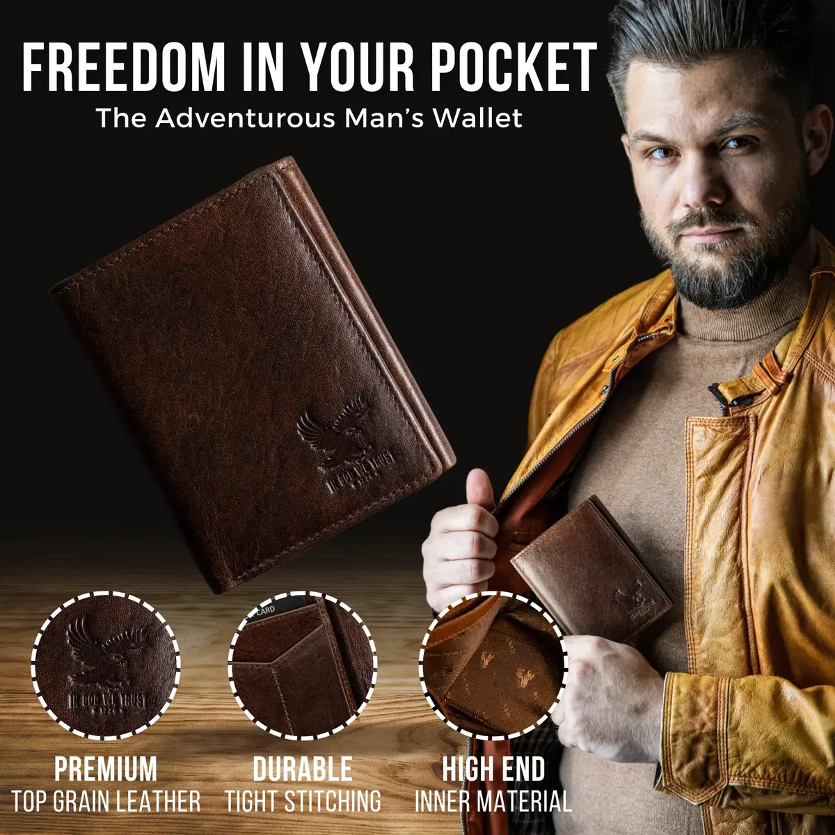 BULL GUARD Freedom Leather RFID Trifold Wallet for Men | Durable Top Grain Leather with Smart Tracker Pocket - view 4