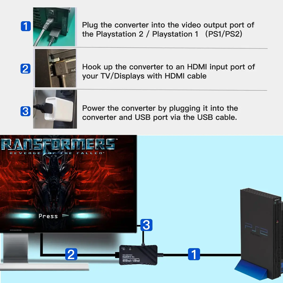 FeiEVER HDMI Adapter for PS1/PS2 Support RGB & YPbPr Signal Switch 720P | Compatible with Classic PlayStation Consoles - view 5