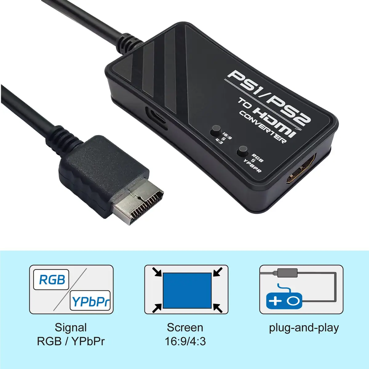 FeiEVER HDMI Adapter for PS1/PS2 Support RGB & YPbPr Signal Switch 720P | Compatible with Classic PlayStation Consoles - view 3