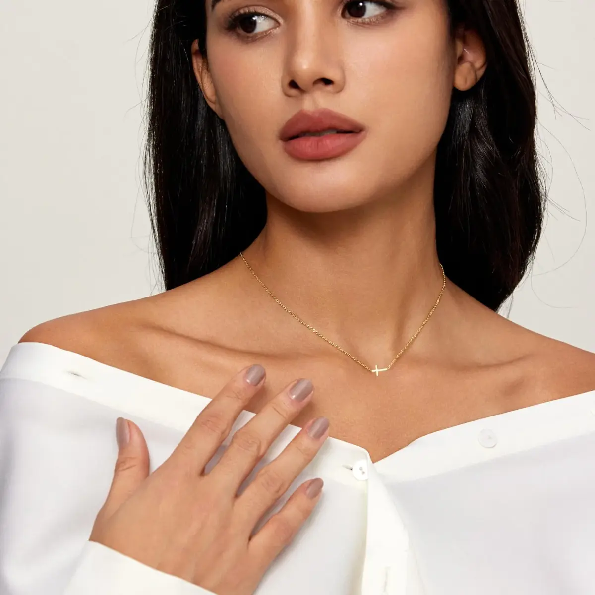 HERIER Sideways Cross Necklace for Women 14K Gold Plated 16.5" (41.9 cm) | Dainty Cute Cross Pendant Necklace - view 2
