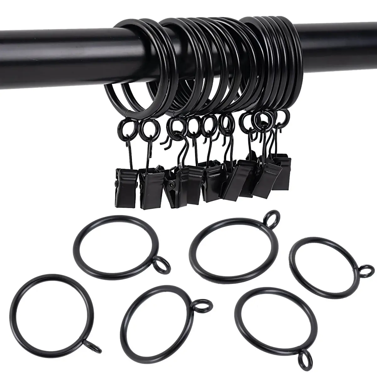 Exselens Black Metal Curtain Rings with Eyelet, 1 Inch Inner Diameter, 24 Pcs | Heavy Duty Drapery Rings for Rods - view 7