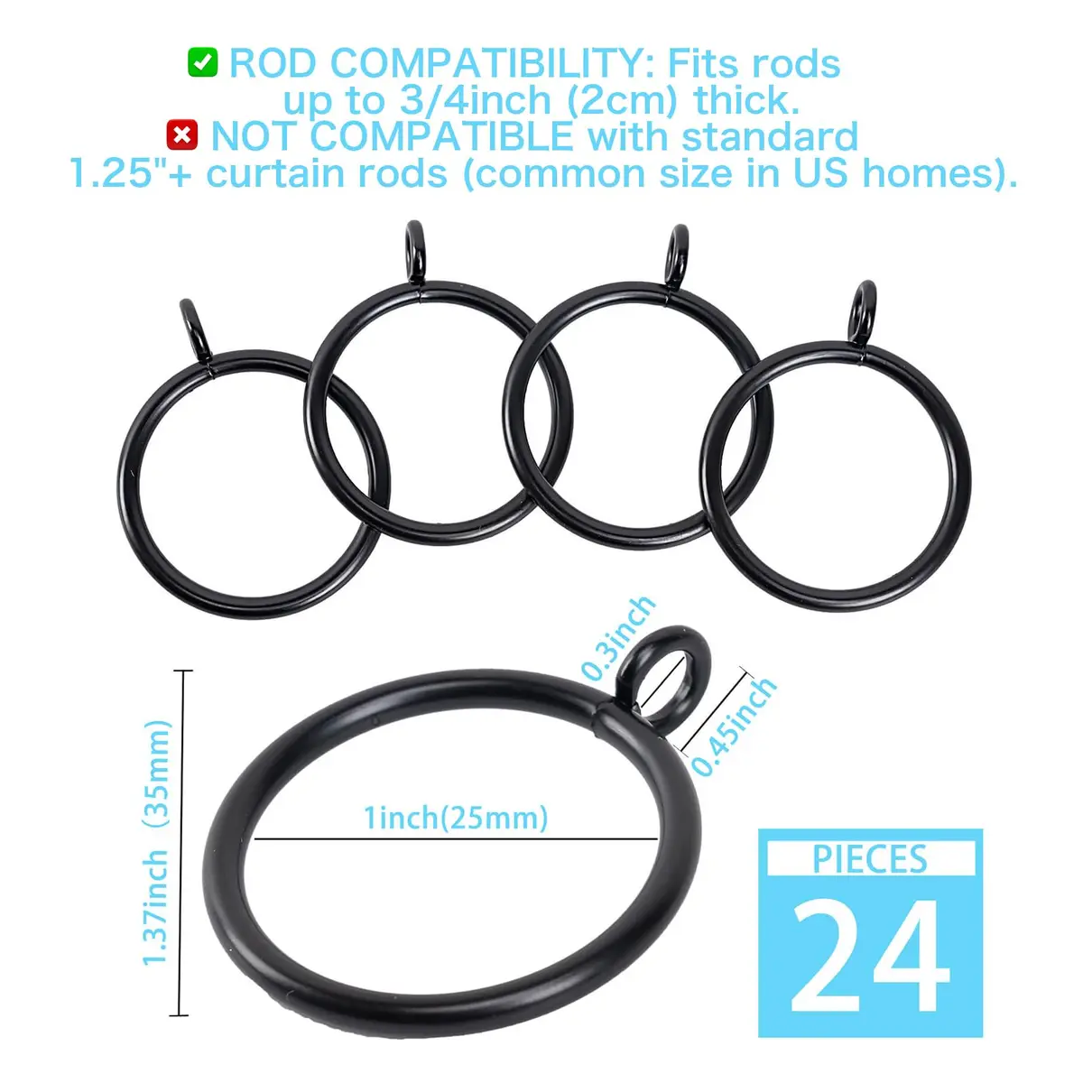 Exselens Black Metal Curtain Rings with Eyelet, 1 Inch Inner Diameter, 24 Pcs | Heavy Duty Drapery Rings for Rods - view 2