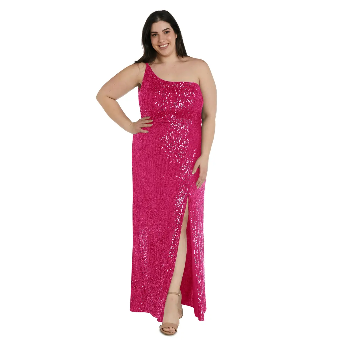 Nightway Long One Shoulder Sequin Dress | Plus Size Formal Gown 18 Plus | Pink - main product image