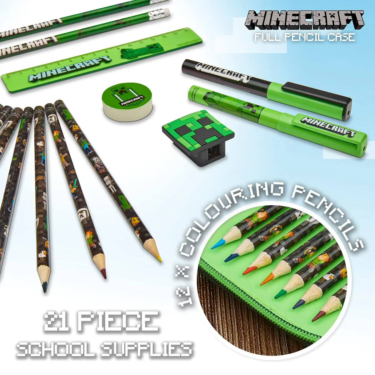 Minecraft Kids Pencil Case Stationery Set with Notebook, Colored Pencils, Pens, Ruler, Eraser & Sharpener | Black Aop - view 5