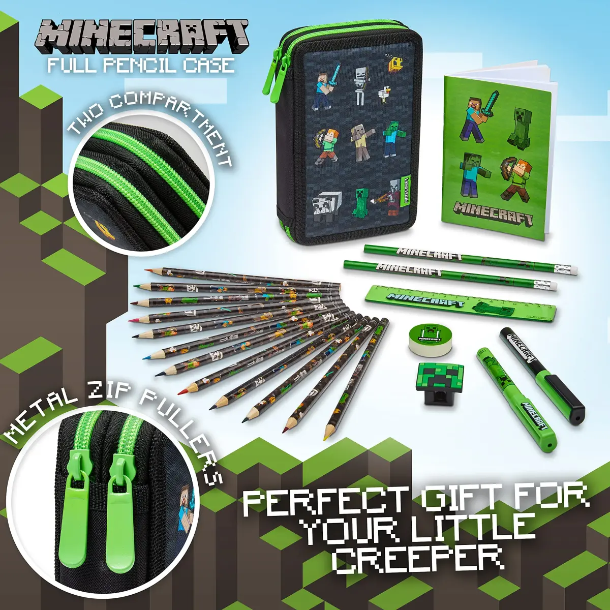 Minecraft Kids Pencil Case Stationery Set with Notebook, Colored Pencils, Pens, Ruler, Eraser & Sharpener | Black Aop - view 2