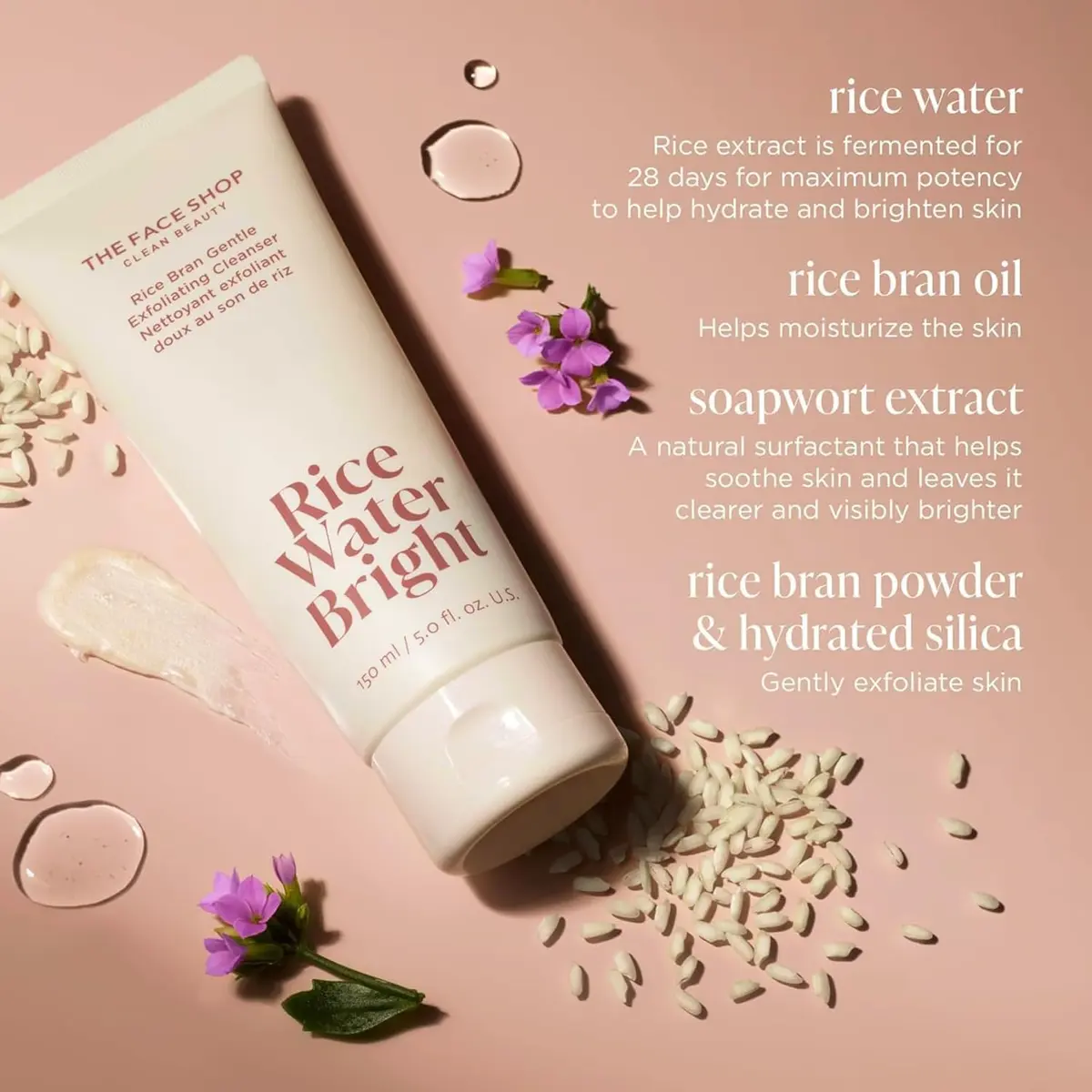 The Face Shop Rice Water Bright Rice Bran Gentle Exfoliating Cleanser - Hydrating & Brightening Face Wash - Vegan, Korean Skincare, 5 Fl Oz - view 4