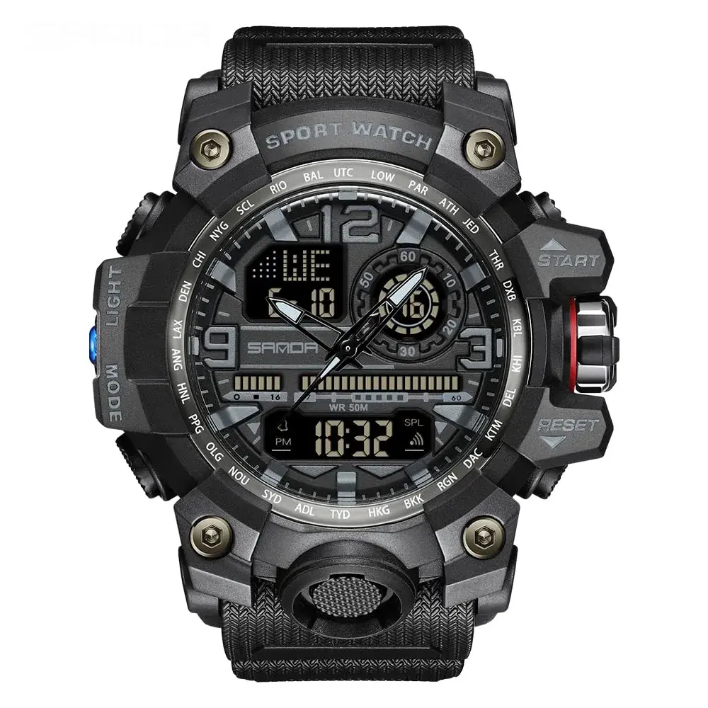 AIMES Men's 3311-Black Sport Watch 53mm | Dual Time Zone Military Watch with LED Alarm & Stopwatch - main product image