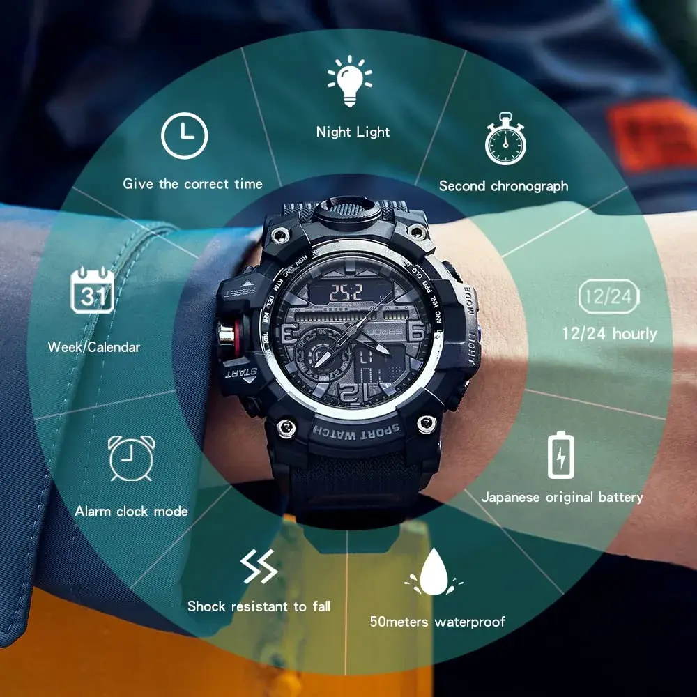 AIMES Men's 3311-Black Sport Watch 53mm | Dual Time Zone Military Watch with LED Alarm & Stopwatch - view 4