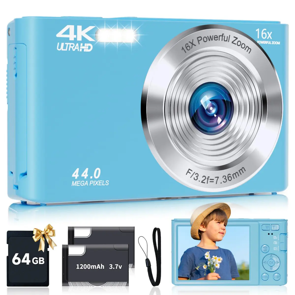 SMARTKLIK Digital Camera for Teens, FHD 4K 44MP with 64GB SD Card, 16X Digital Zoom, Compact Point Shoot Camera Blue | 44MP CMOS Sensor - main product image