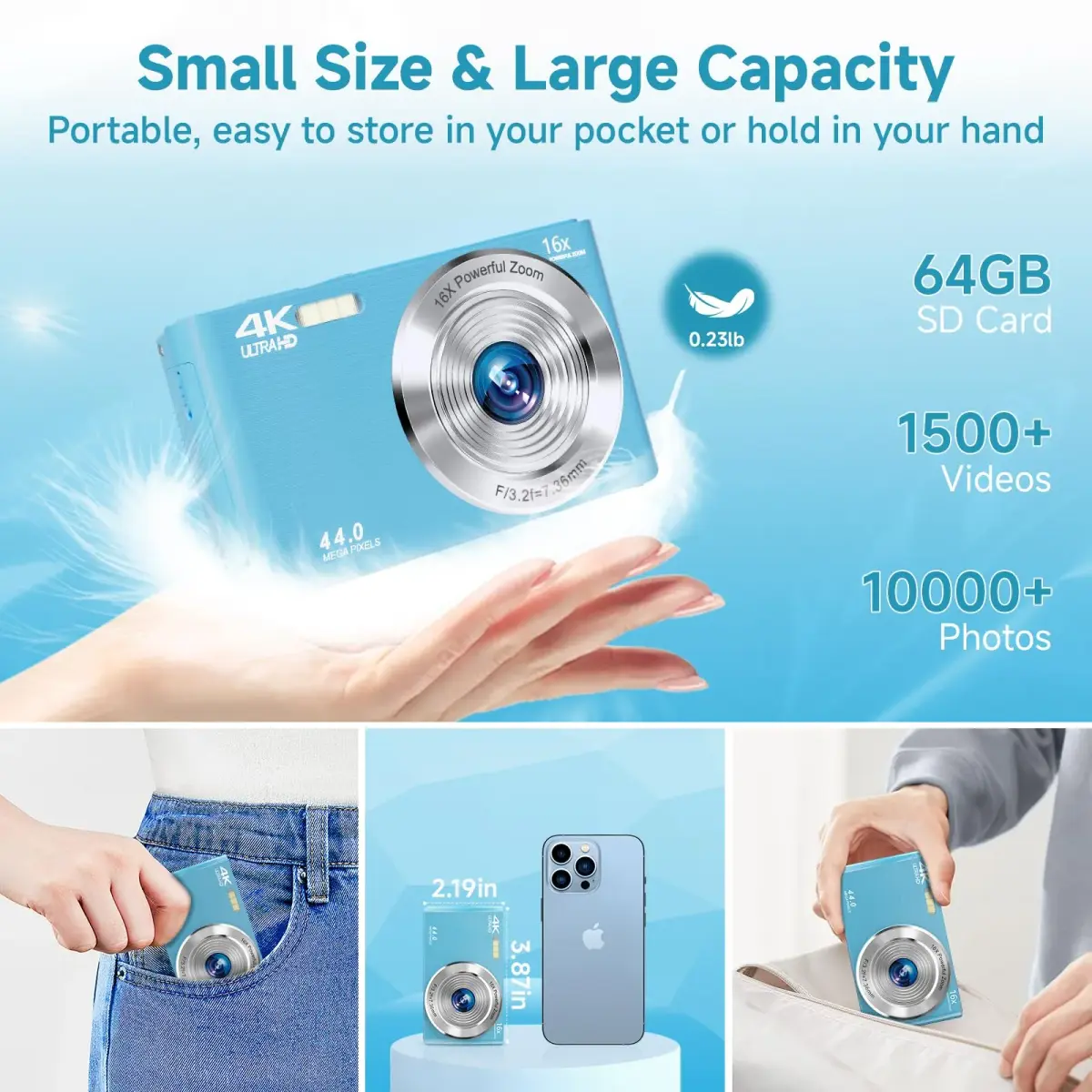 SMARTKLIK Digital Camera for Teens, FHD 4K 44MP with 64GB SD Card, 16X Digital Zoom, Compact Point Shoot Camera Blue | 44MP CMOS Sensor - view 5