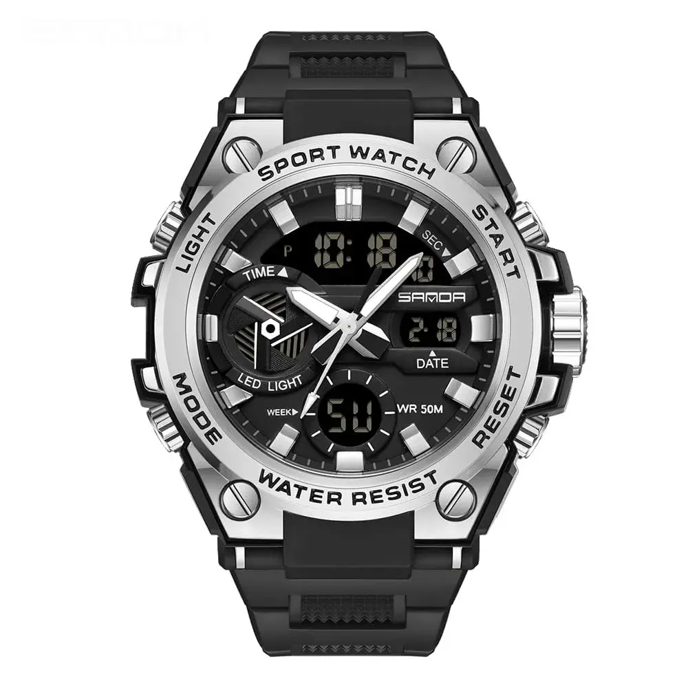 AIMES Men's 3311-Silver Sport Watch 53mm | Dual Time Zone Military Watch with LED Alarm & Stopwatch - main product image