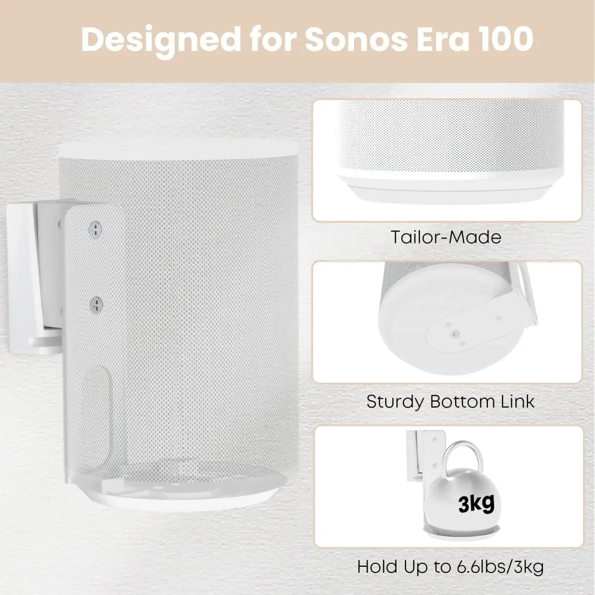 PUTORSEN Speaker Wall Mount for Sonos Era 100, Tilt & Swivel, 1 Pack, White | Mounts to Wood, Solid or Brick Walls - view 2