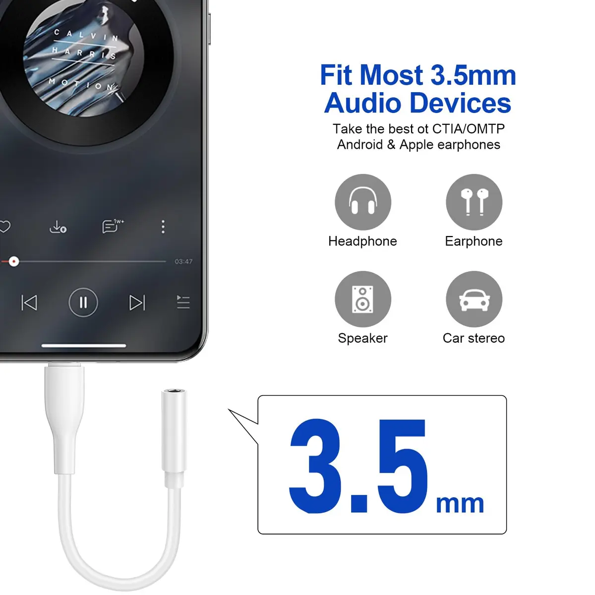 UorMe USB C to 3.5mm Headphone Adapter White 2-Pack | Hi-Fi Sound Quality with DAC Chip - view 5