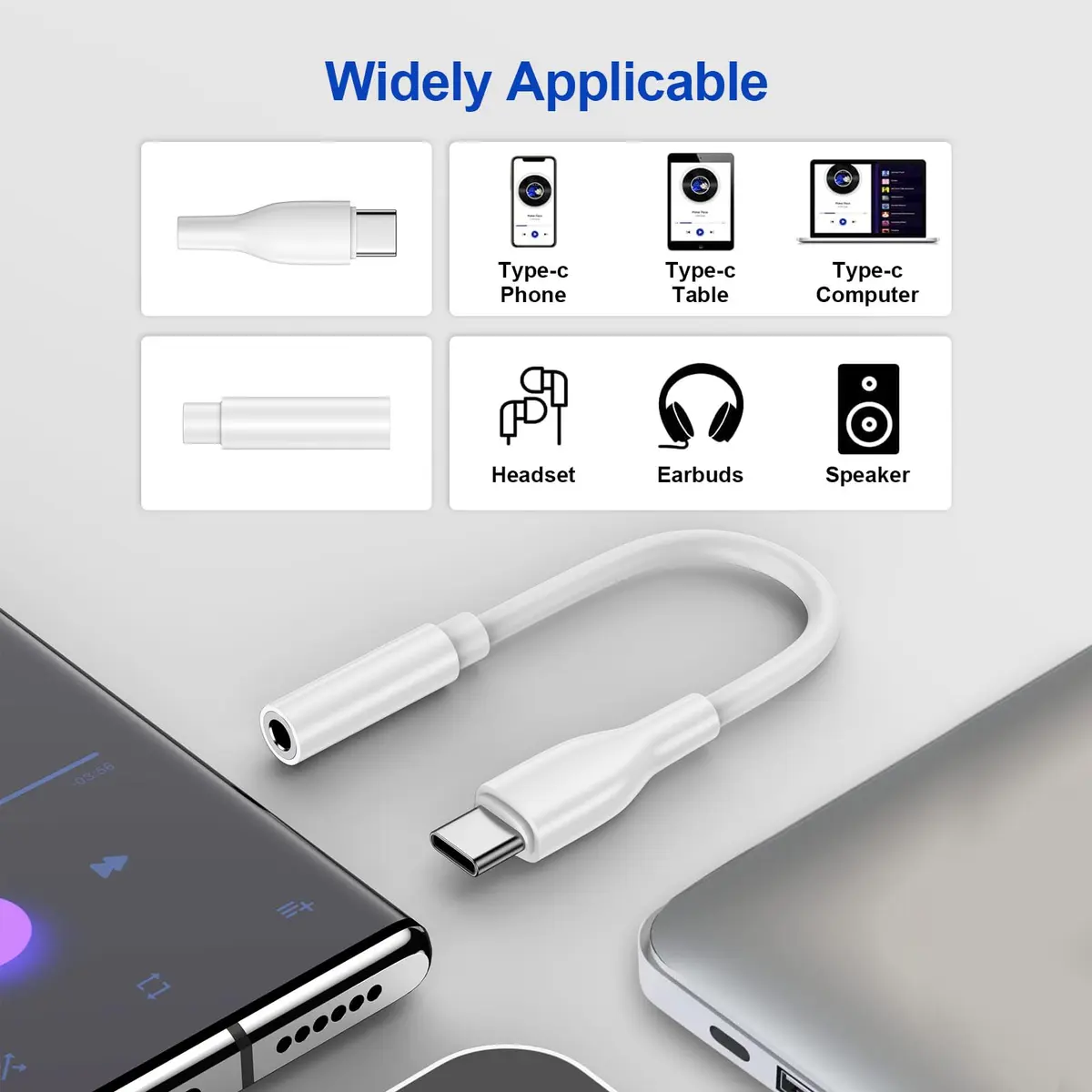UorMe USB C to 3.5mm Headphone Adapter White 2-Pack | Hi-Fi Sound Quality with DAC Chip - view 2
