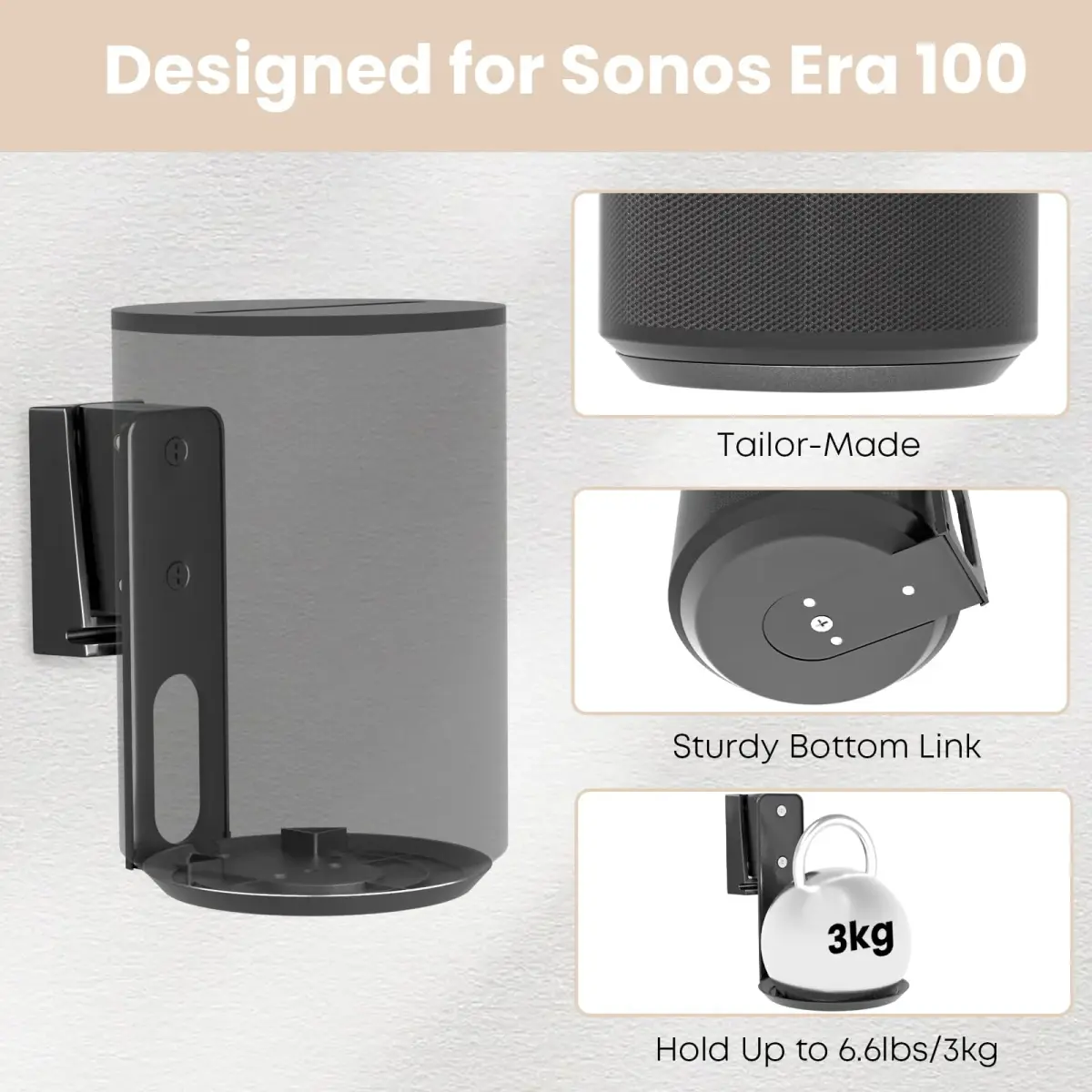 PUTORSEN Speaker Wall Mount for Sonos Era 100, Tilt & Swivel, 1 Pack Black | Metal Bracket for Better Audio - view 2