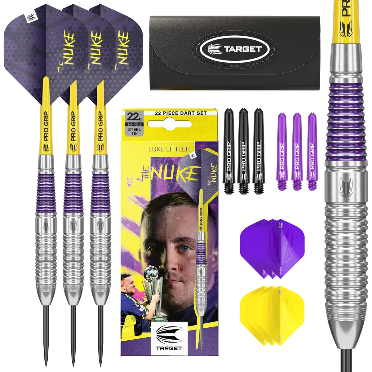 Target Darts Luke Littler Brass Steel Tip Darts Set – 22G Steel Tip Dart, The Nuke Player Edition, Dart Flights, Shafts & Dart Case Included - main product image