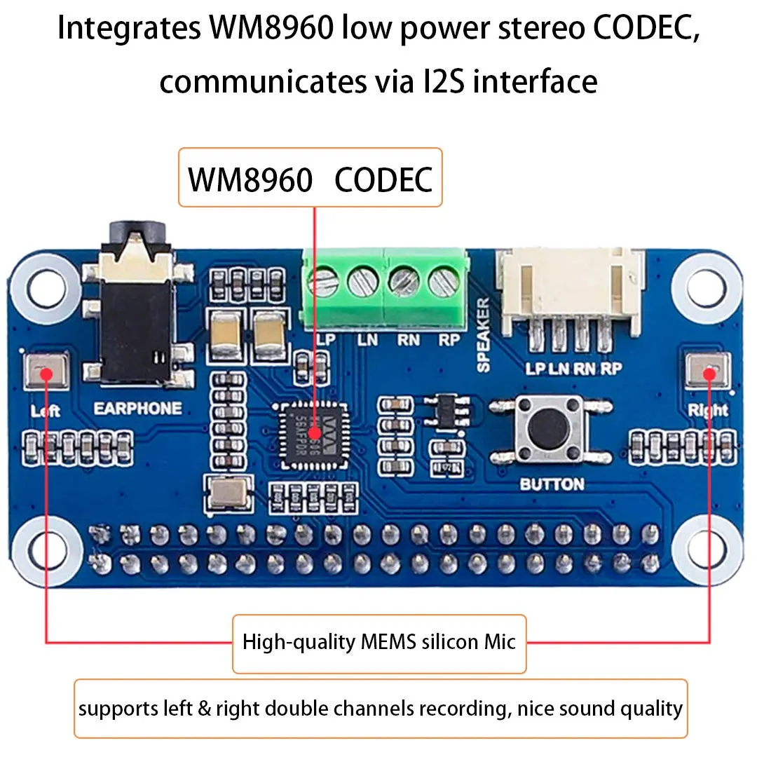 Wonrabai WM8960 Hi-Fi Sound Card HAT for Raspberry Pi 5/4B/3B+/3B/Pi Zero 2W/ Zero W/Pico W/Pico 2W, Stereo Encode/Decode, Play/Record, Drives Speakers | 96kHz Sample Rate - view 5