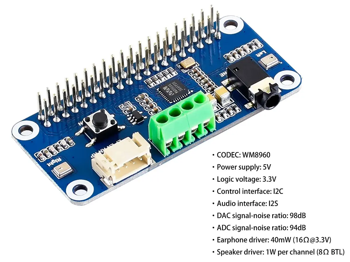 Wonrabai WM8960 Hi-Fi Sound Card HAT for Raspberry Pi 5/4B/3B+/3B/Pi Zero 2W/ Zero W/Pico W/Pico 2W, Stereo Encode/Decode, Play/Record, Drives Speakers | 96kHz Sample Rate - view 3