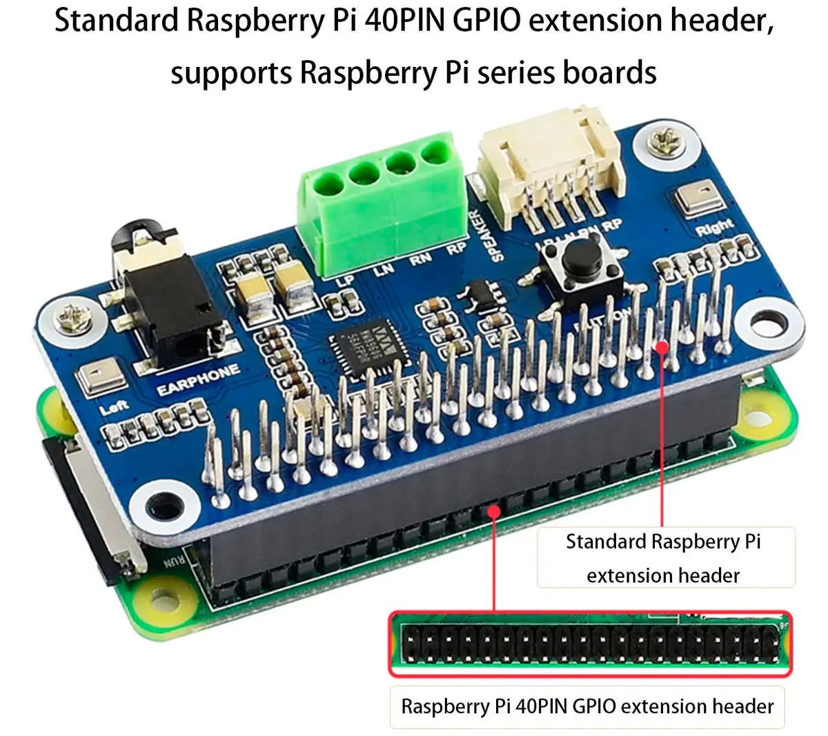 Wonrabai WM8960 Hi-Fi Sound Card HAT for Raspberry Pi 5/4B/3B+/3B/Pi Zero 2W/ Zero W/Pico W/Pico 2W, Stereo Encode/Decode, Play/Record, Drives Speakers | 96kHz Sample Rate - view 4