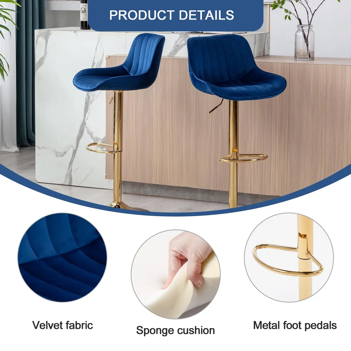 Kiztir Velvet Bar Stools Set of 2 | Adjustable Counter Height Swivel with Footrest (Blue) - view 4