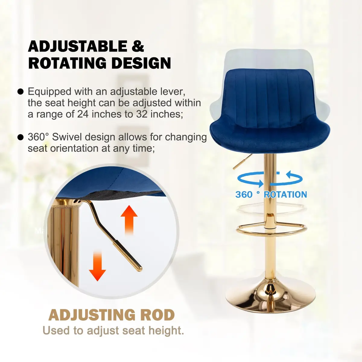 Kiztir Velvet Bar Stools Set of 2 | Adjustable Counter Height Swivel with Footrest (Blue) - view 5