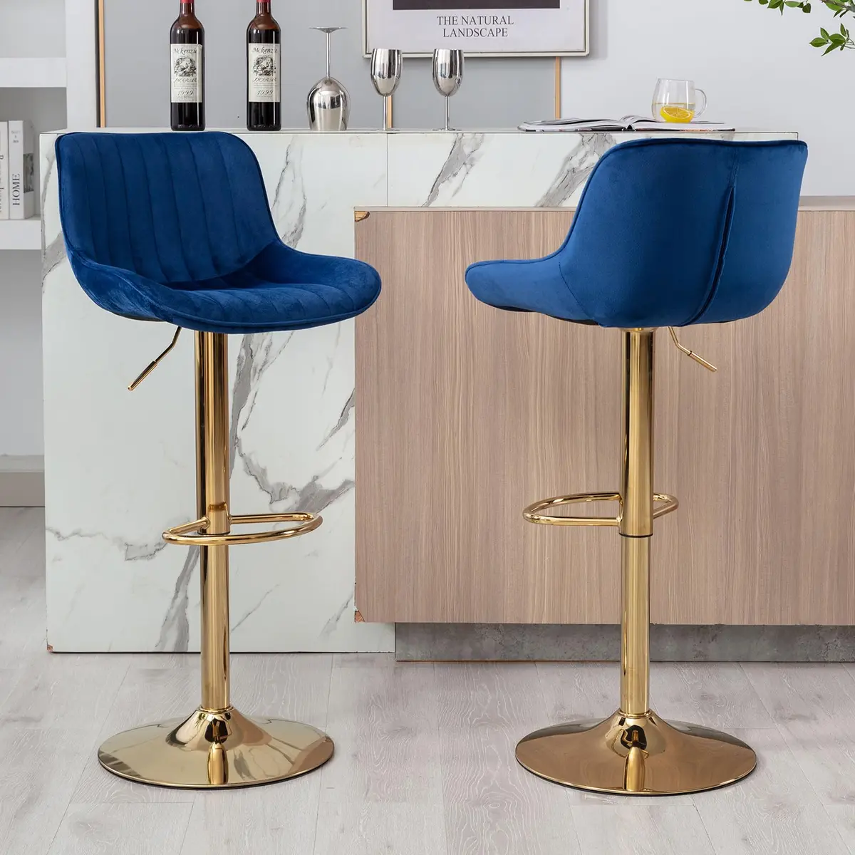 Kiztir Velvet Bar Stools Set of 2 | Adjustable Counter Height Swivel with Footrest (Blue) - view 8