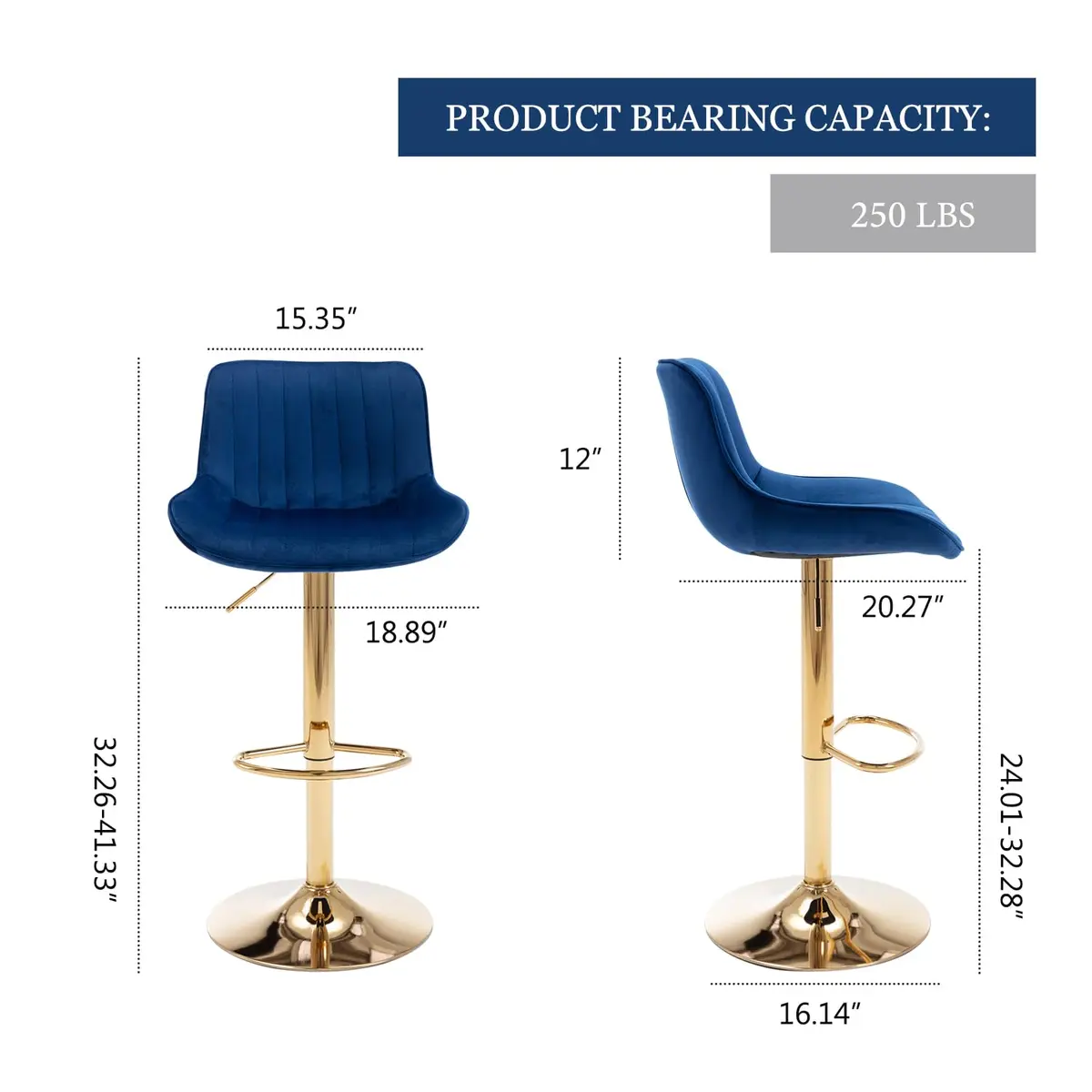 Kiztir Velvet Bar Stools Set of 2 | Adjustable Counter Height Swivel with Footrest (Blue) - view 2