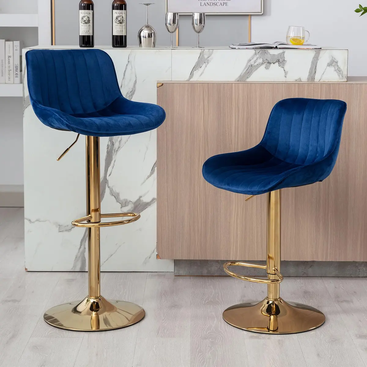 Kiztir Velvet Bar Stools Set of 2 | Adjustable Counter Height Swivel with Footrest (Blue) - view 3