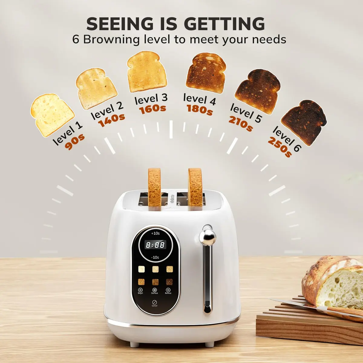 Keenstone Touch Screen Toaster 2 Slice | Retro Wide Slot Stainless Steel with 6 Browning Levels - view 5
