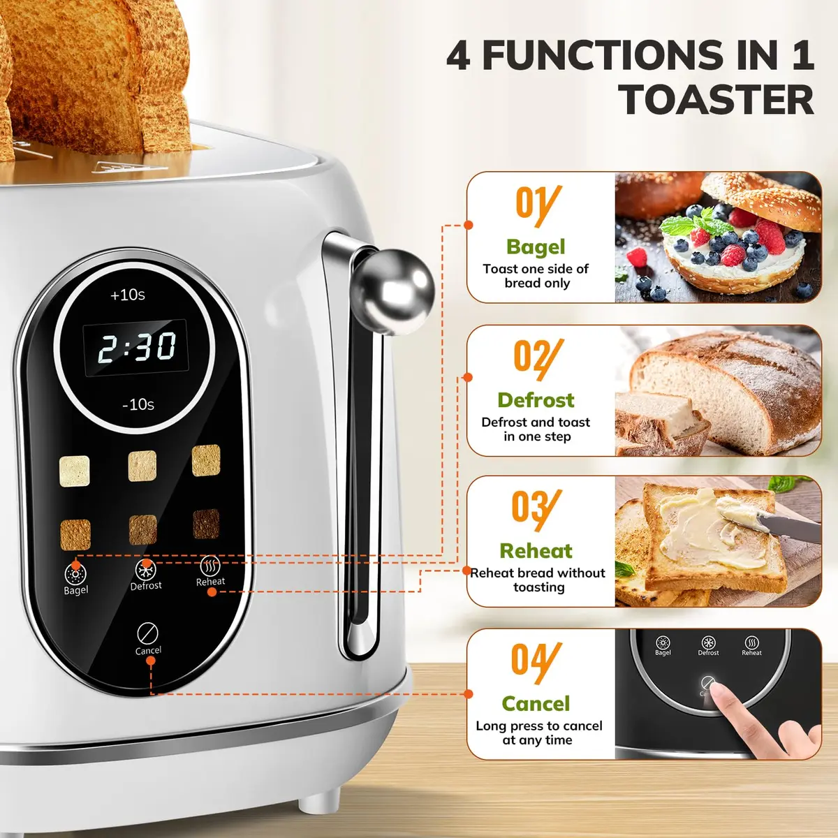 Keenstone Touch Screen Toaster 2 Slice | Retro Wide Slot Stainless Steel with 6 Browning Levels - view 6