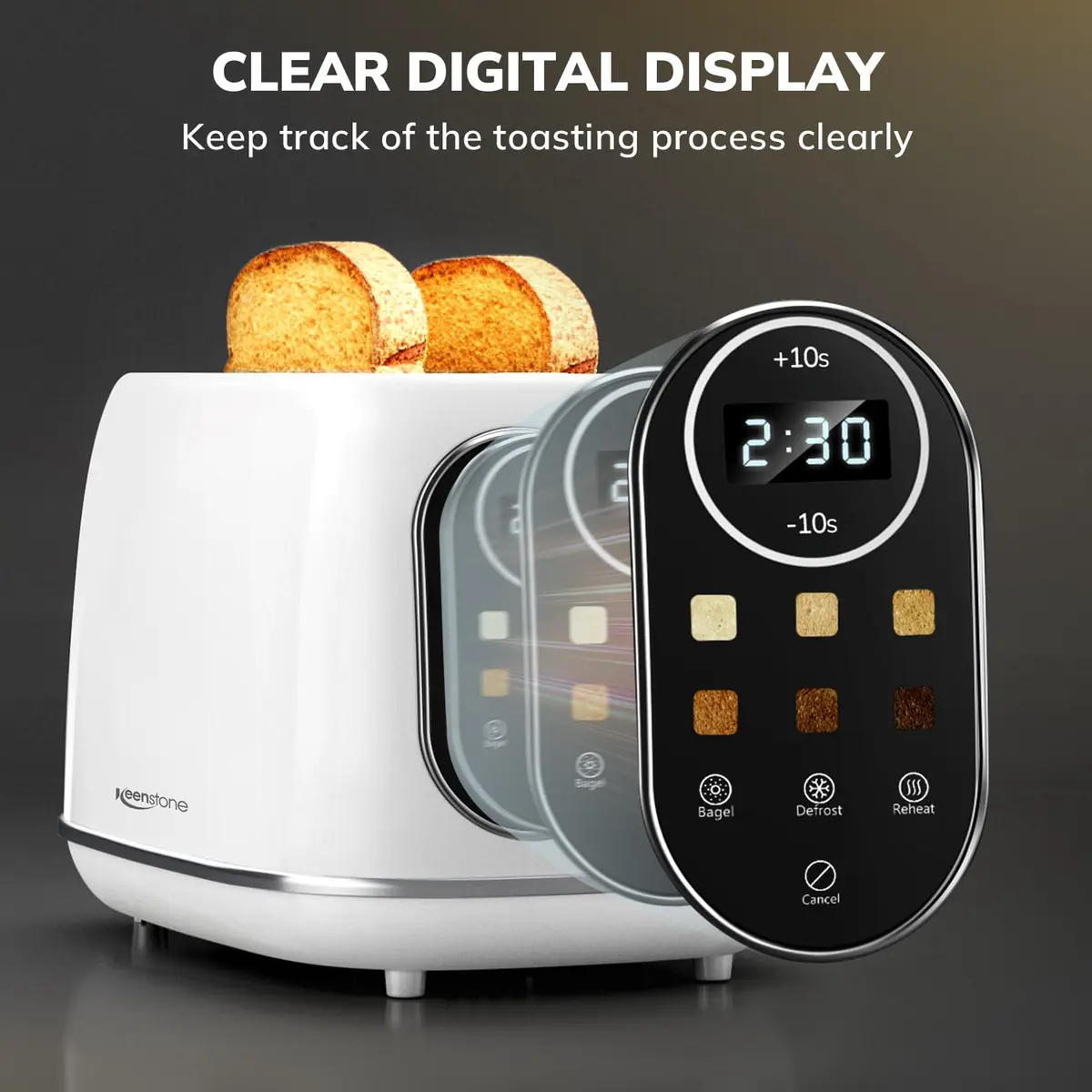 Keenstone Touch Screen Toaster 2 Slice | Retro Wide Slot Stainless Steel with 6 Browning Levels - view 2