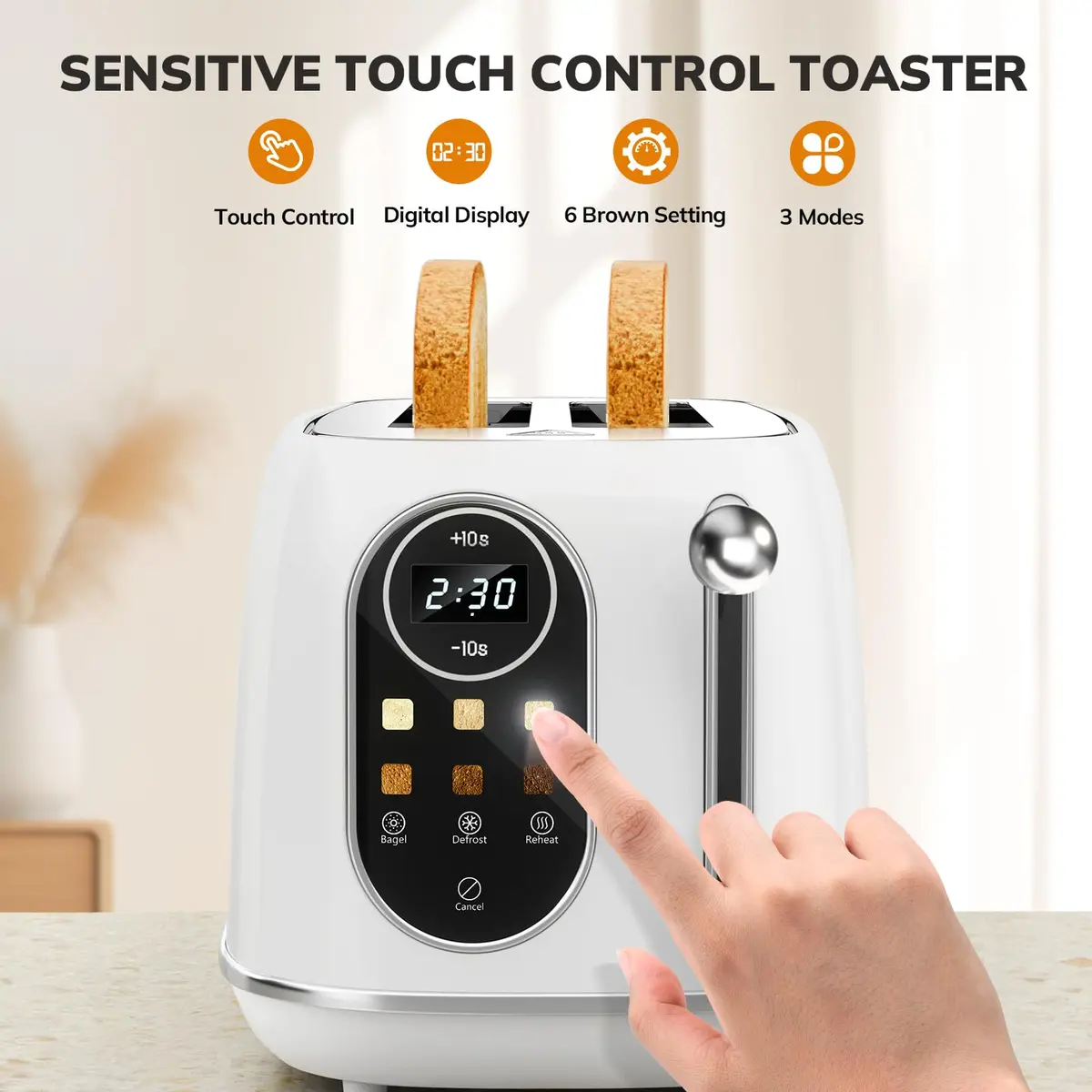 Keenstone Touch Screen Toaster 2 Slice | Retro Wide Slot Stainless Steel with 6 Browning Levels - view 4