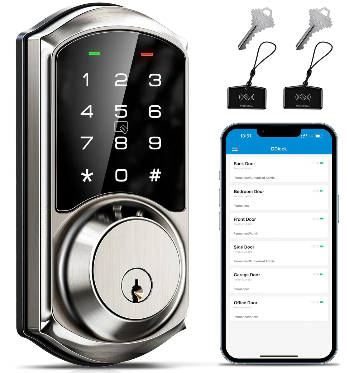 Veise VE06 Smart Lock for Front Door | App Control, Satin Nickel, Keypad, Auto-Lock - main product image