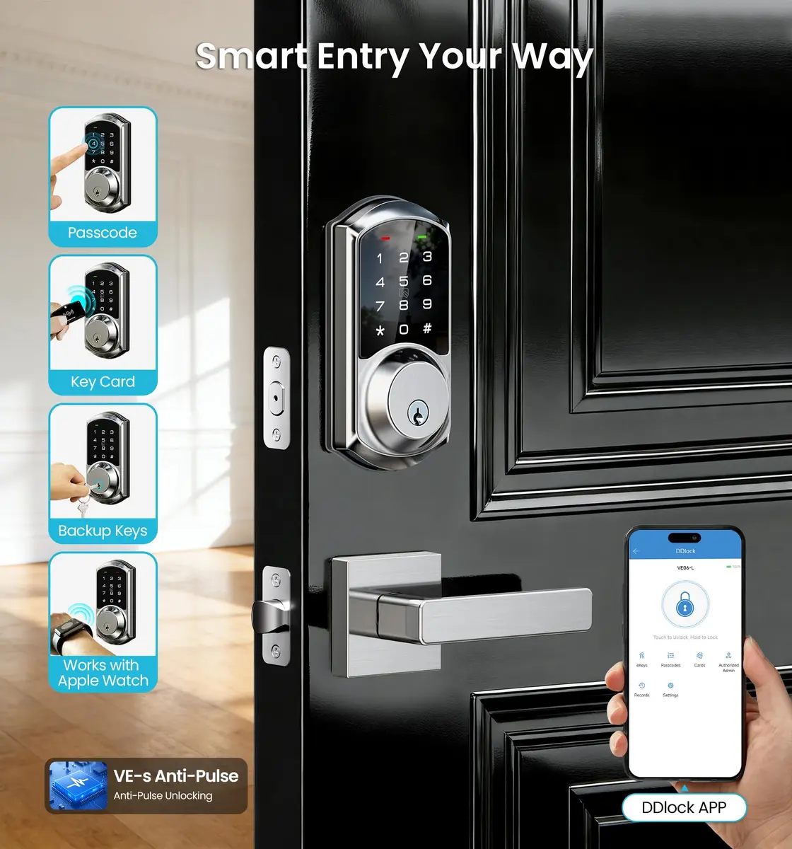 Veise VE06 Smart Lock for Front Door | App Control, Satin Nickel, Keypad, Auto-Lock - view 2