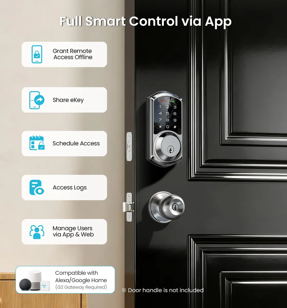 Veise VE06 Smart Lock for Front Door | App Control, Satin Nickel, Keypad, Auto-Lock - view 3