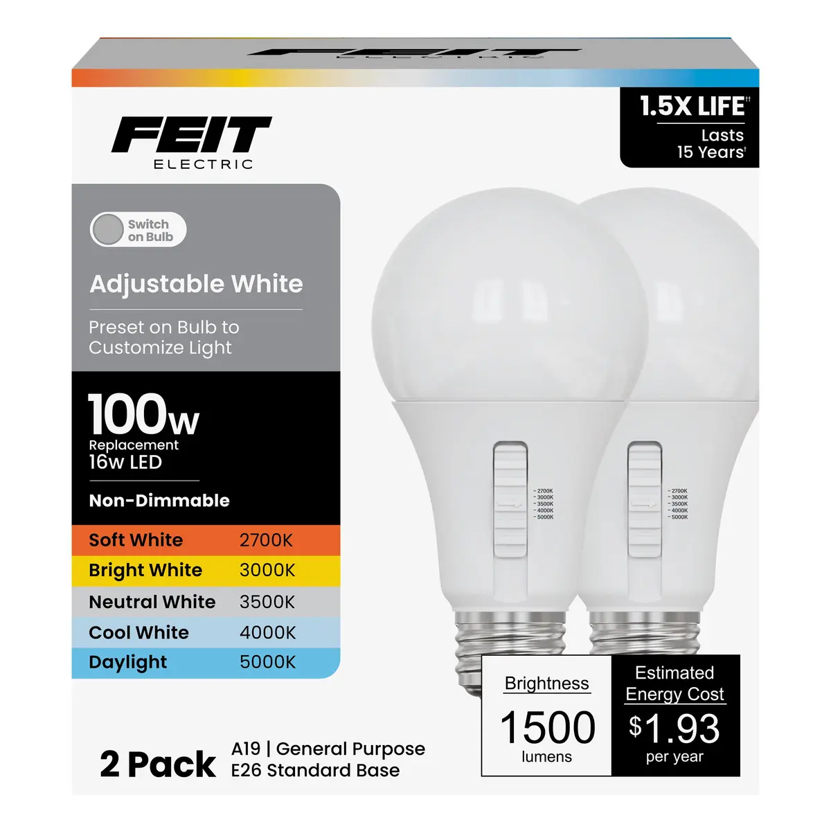 Feit Electric Adjustable White A19 LED Light Bulb 2 Pack | 5 CCT Selectable 2700K-5000K, 1500 Lumens, 17,000 Hr - main product image