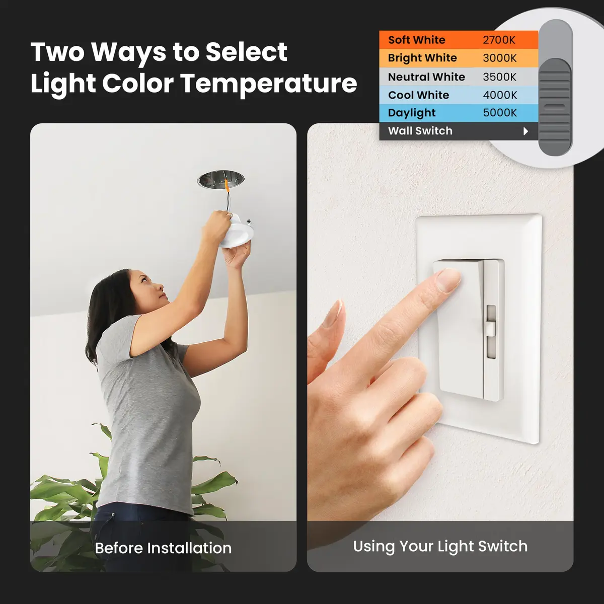Feit Electric Adjustable White A19 LED Light Bulb 2 Pack | 5 CCT Selectable 2700K-5000K, 1500 Lumens, 17,000 Hr - view 4