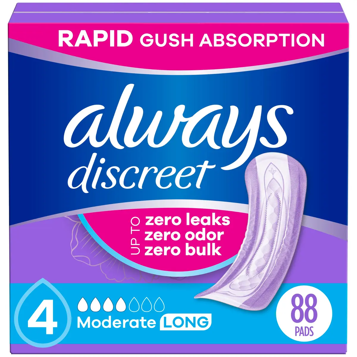 Always Discreet Adult Incontinence Pads for Women, Drier, Long Length, Moderate Absorbency, 88ct | USA Import - main product image