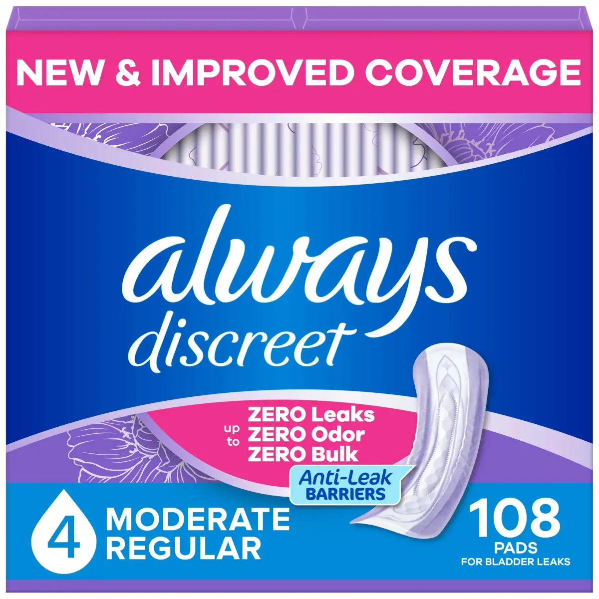 Always Discreet Drier Regular Length Moderate Absorbency Pads 108ct | USA Import for Bladder Leak Protection - main product image