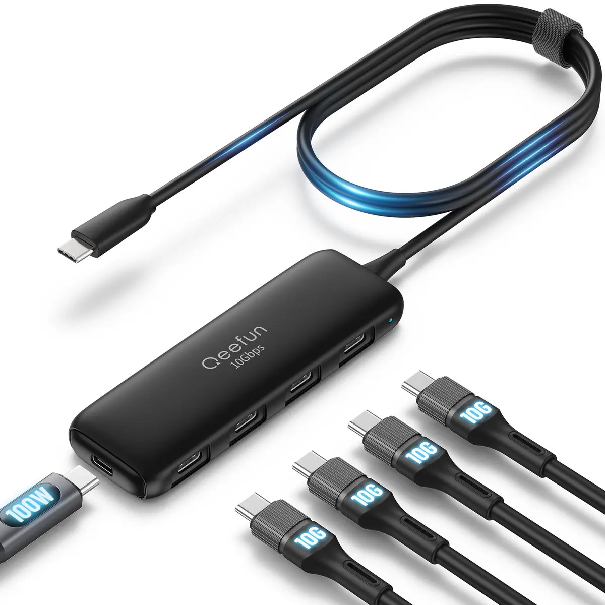 Q QEEFUN USB C Hub 10Gbps, 4 Ports USB-C 3.2 Gen 2 Data Splitter with 100W PD Charging Port | 5-Port USB-C Extender for Laptops and Tablets - main product image