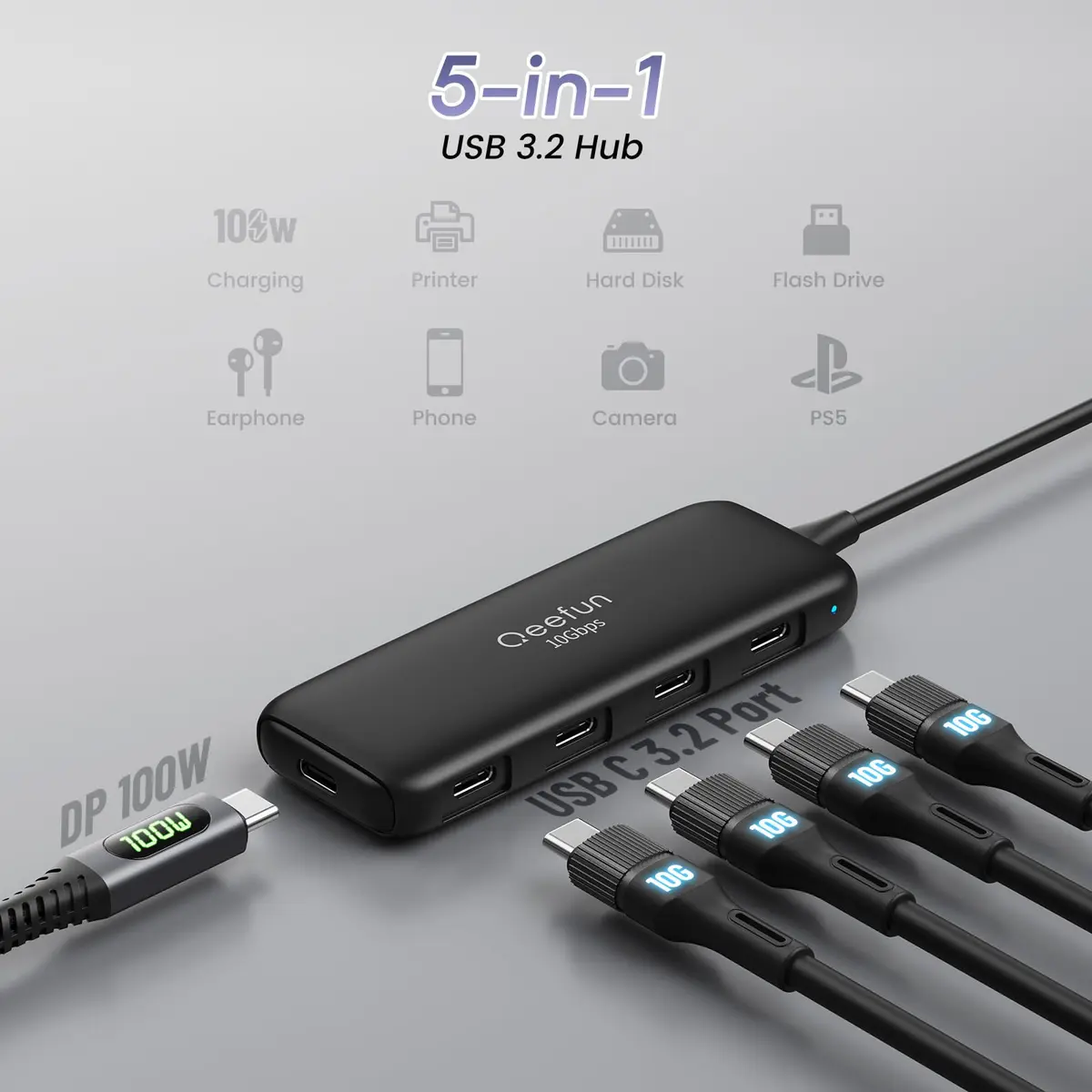 Q QEEFUN USB C Hub 10Gbps, 4 Ports USB-C 3.2 Gen 2 Data Splitter with 100W PD Charging Port | 5-Port USB-C Extender for Laptops and Tablets - view 2